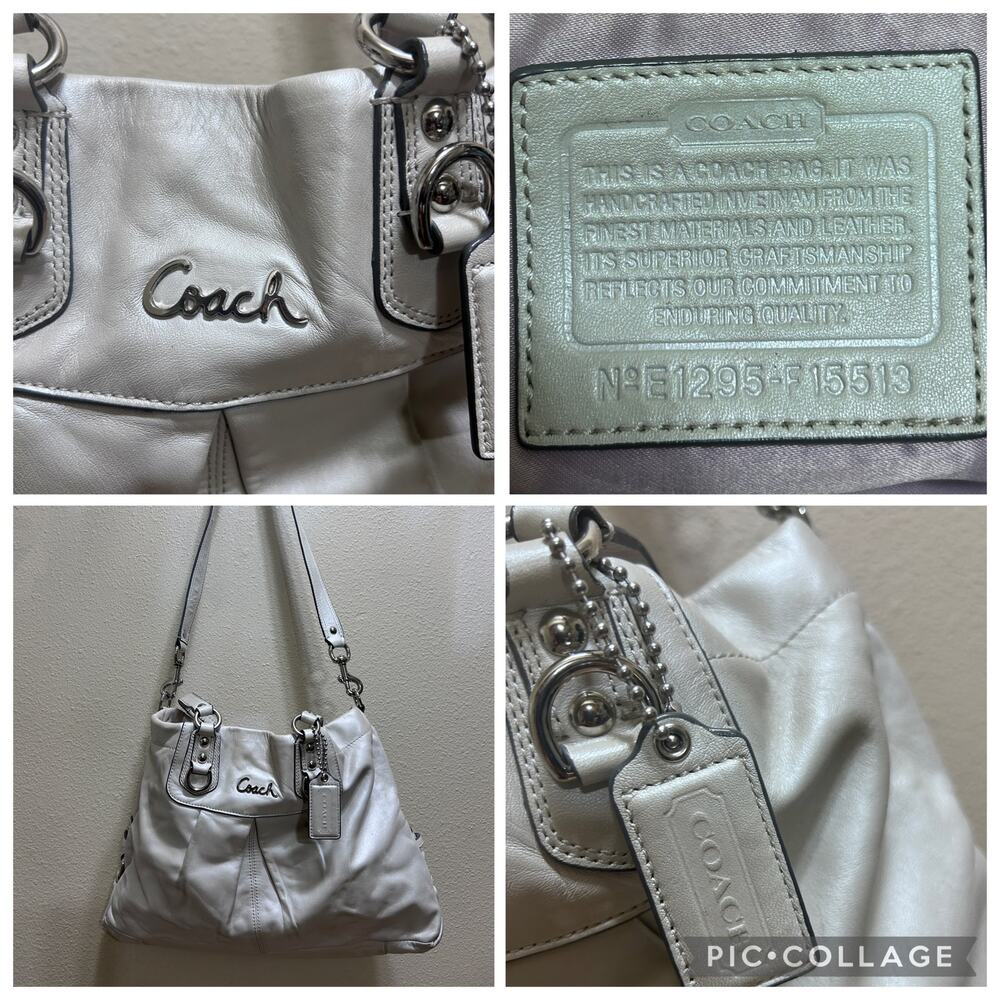 Coach Madison Op Art Leather Shoulder Bag Cream Silvery Hobo Tote Purse F15513 - Picture 5 of 8